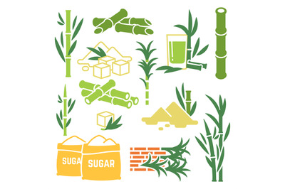 Sugar cane, sugarcane plant harvest vector icons isolated on white bac