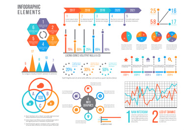 Infographics elements. Statistics chart, option flowchart and timeline