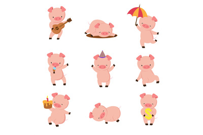 Cartoon pig. Cute smiling pigs playing in mud. Vector farm animal char