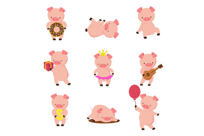 Kawaii pigs. Funny baby pig in mud, piggy eating and running. Cartoon