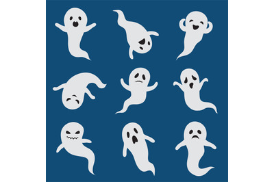 Scary ghosts. Cute halloween ghost. White silhouette vector boohoo gho