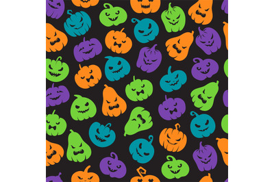 Halloween pumpkins seamless pattern. Scary jack o lantern face silhoue