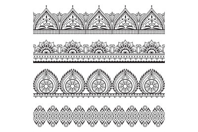 Mehndi seamless borders. Henna oriental patterns. Indian floral vector