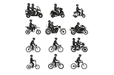 Motorcycles and bicycles icons. Moto vehicles with persons biker and c