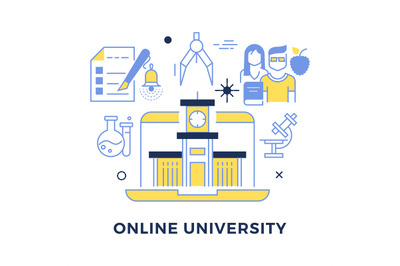 Online university flat outline vector concept