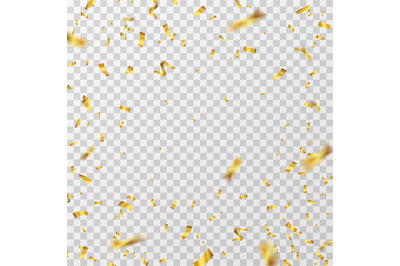 Gold confetti. Golden yellow ribbons flying down glitter isolated. Wed