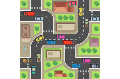 Seamless city map. Top view building and street with cars and trucks.