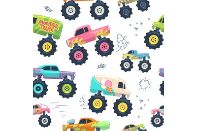 Monster cars seamless pattern. Kid trucks with big wheel. Vector endle