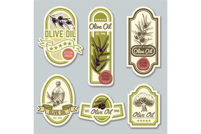 Olive oil labels. Bottle premium packaging with olives. Vector set