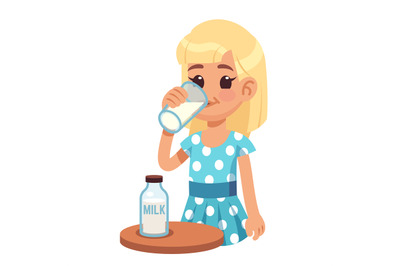 Girl drinks milk. Cartoon happy kid drinking cow milk in glass. Health