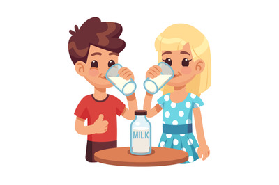 Kids drink milk. Cartoon children, boy and girl with milk glass. Healt