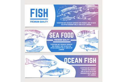 Fish banners. River and ocean sketch fishes seafood packaging vector l