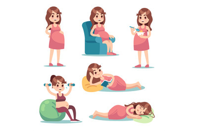 Pregnant woman. Happy mother in pregnancy eating, doing exercises, sit