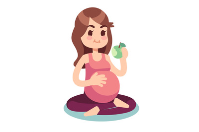 Pregnancy diet concept. Pregnant eating apple in lotus pose. Healthy f