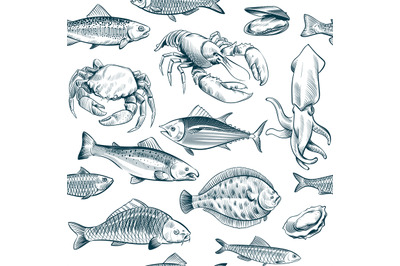 Sketch seafood seamless pattern. Oyster salmon lobster shellfish. Hand