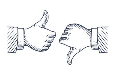 Hand drawn thumbs up and down. Like and unlike business isolated sketc