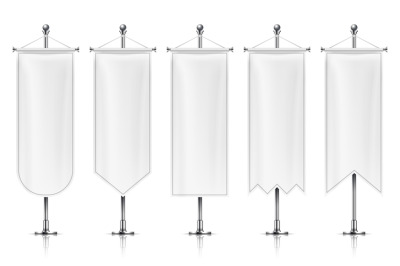 Vertical hanging banners. White empty flags on metal post. Fabric bann