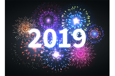 Fireworks explosion. Happy new year 2019 event banner. Pyrotechnics sp