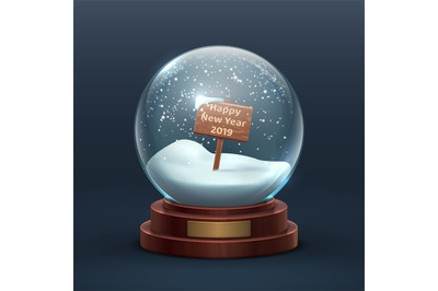 Snow globe. Christmas holiday glass snowglobe with wooden sign and hap