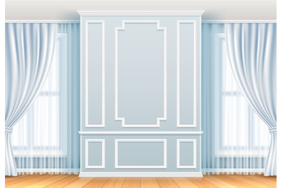 Classic interior. White wall with moulding frames and window. Home roo