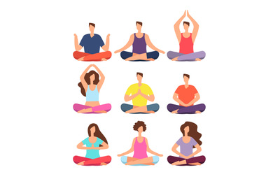 Meditation people. Woman and man meditating in group in yoga or pilate