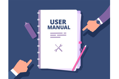 User guide document. User manual, reference with people hands. Handboo