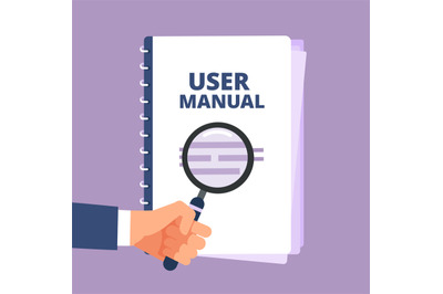 User manual with magnifying glass. User guide document and magnifier.