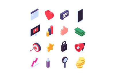 Social marketing isometric icons. Media message and search 3d social n