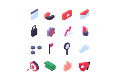 Social network isometric icons. Media and seo marketing web buttons ve