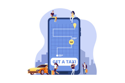 Mobile taxi. Online taxi service and payment with smartphone app. Peop