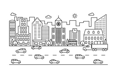 Line city street. Outline urban scene with buildings&2C; road and cars. M