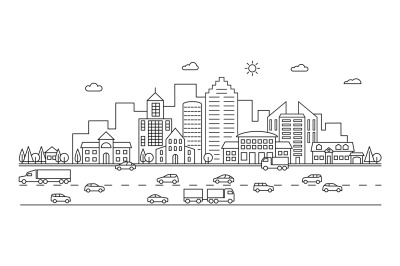 Line city. Outline town street with buildings and cars. Modern vector