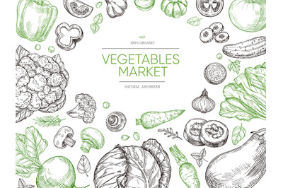 Vegetables hand drawn background. Organic food vegetable set. Sketch v