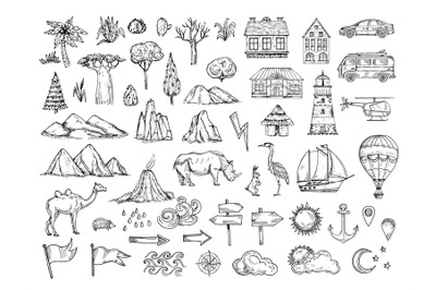 Map elements. Sketch hill and mountain&2C; tree and bush&2C; buildings and c