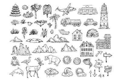 Hand drawn map elements. Sketch hill mountain&2C; tree and bush&2C; building