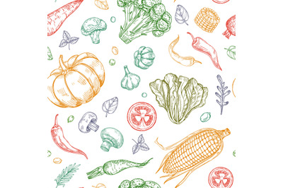 Sketch vegetables seamless pattern. Vegetable soup organic farm food v