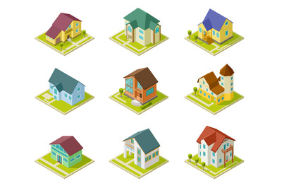 Isometric houses. Rural homes&2C; building and cottages. 3d housing urban