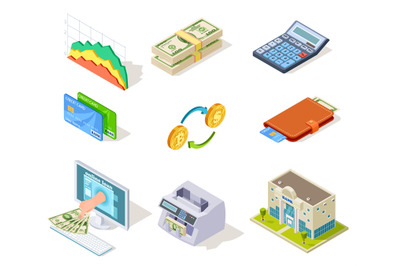 Bank isometric icons. Internet banking, money and checkbook, loans and