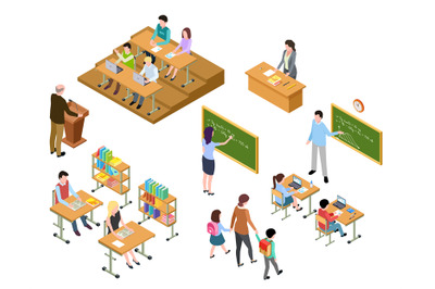 Isometric school. Children and teacher in classroom and library. Peopl