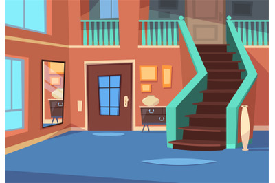 Cartoon hallway. House entrance interior with stairs and mirror. Carto