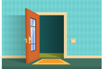 Cartoon open door. Apartment hallway entrance, office lobby. Home entr