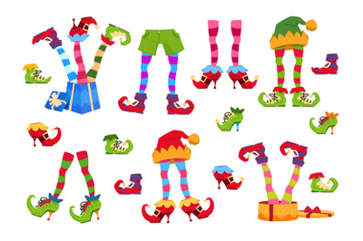 Elf feet. Elves foot in shoes and hat. Christmas dwarf leg in pants wi