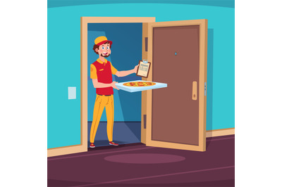 Food delivery concept. Cartoon guy deliver with pizza in home doorway.