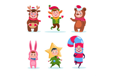 Kids wearing christmas costumes. Cartoon happy children greeting chris