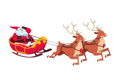 Santa on sleigh with reindeers. Christmas cartoon characters for greet