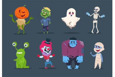 Halloween characters. Cute monsters and kids dressing in halloween cos