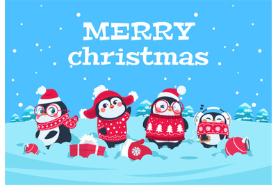 Cute cartoon penguins. Christmas baby penguin arctic characters in sno