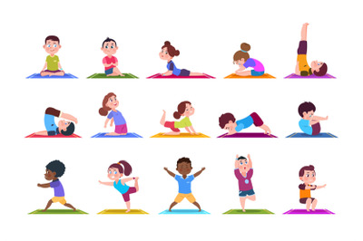 Yoga kids. Cartoon children doing yoga. Sporting girls and boys in gym