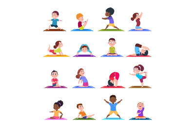 Children in yoga poses. Cartoon fitness kids in yoga asana. Vector cha