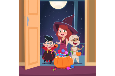 Halloween trick or treat background. Kids in halloween costumes with c